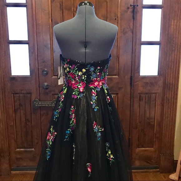JVN Jovani Black Strapless Floral Chiffon Gown! - Picture 6 of 7